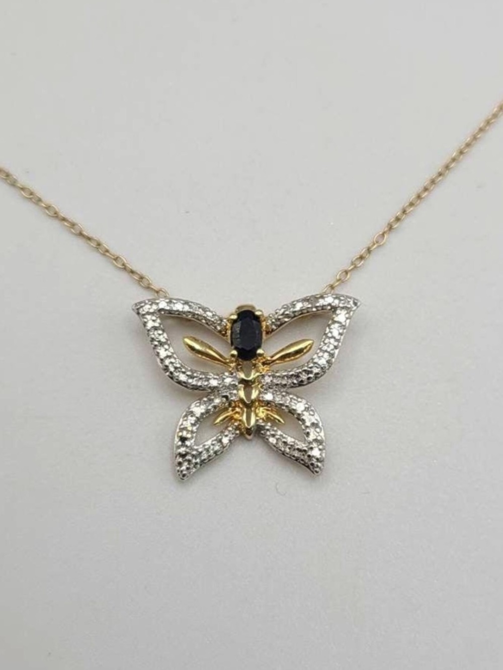 Vintage White Sapphire Butterfly Necklace: 925 Sterling Silver Gold Vermeil